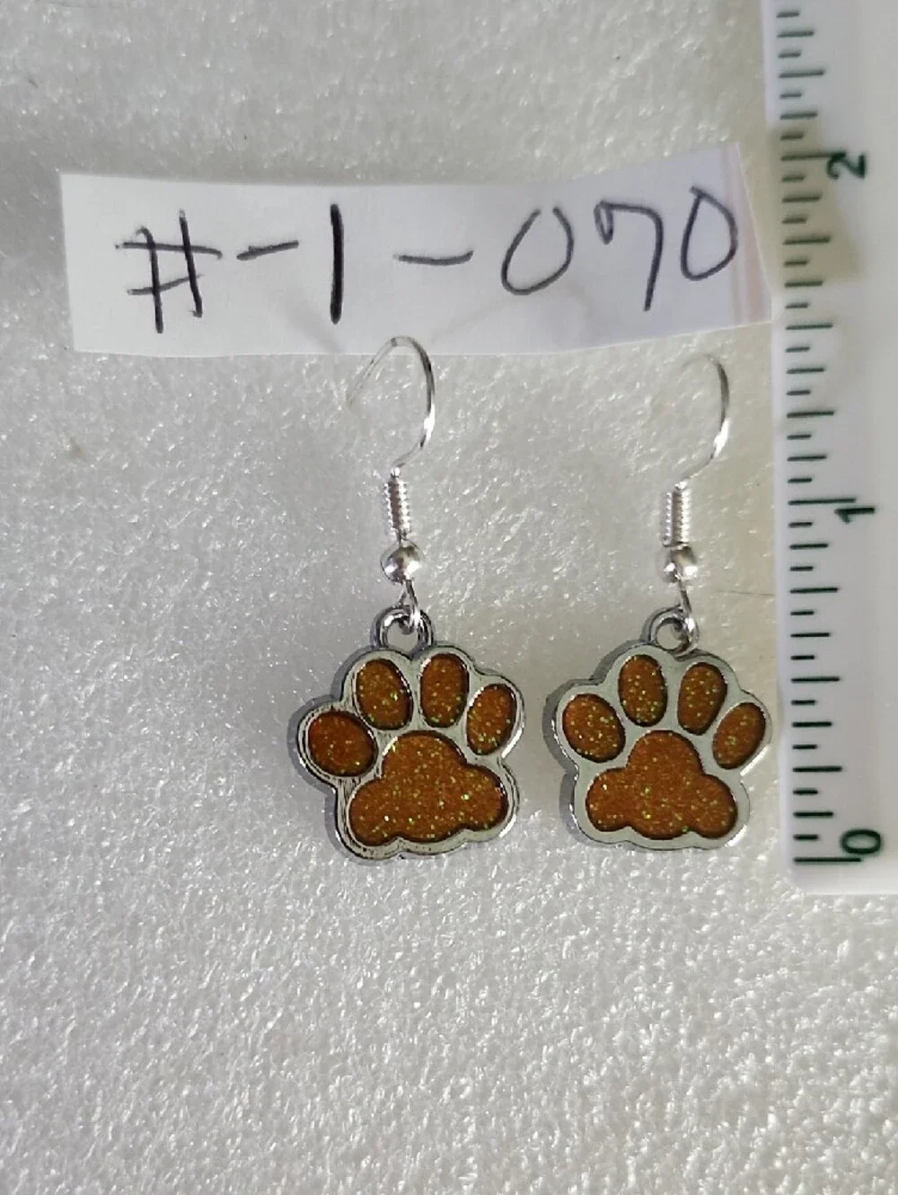 Hand Crafted Orange Glitter Paw Print Drop Earrings